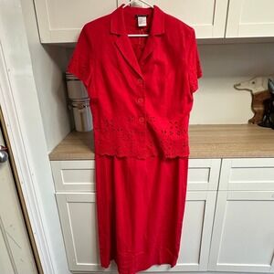 VTG Dress And Blazer Set Womens 14 Red Linen Eyelet Shoulder Pads Minimalist